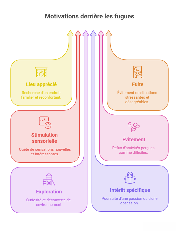 Schéma présentant les principales motivations derrière les fugues : recherche d'un lieu apprécié, évitement, fuite, exploration, intérêt spécifique et stimulation sensorielle