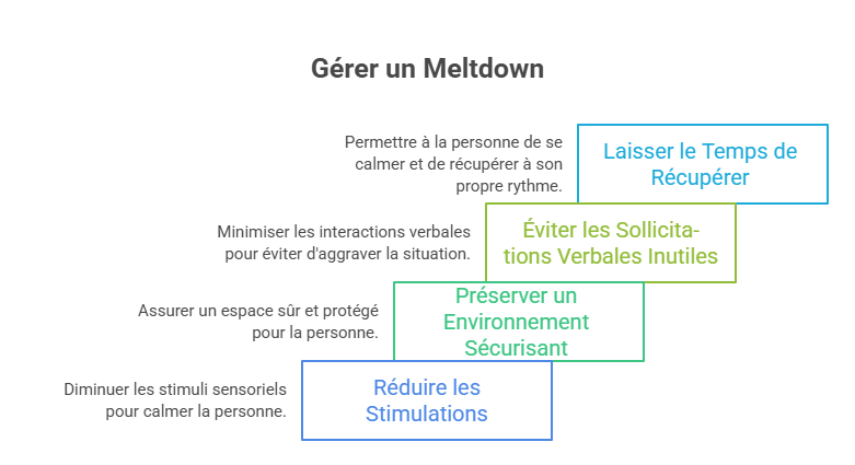 Schéma présentant les principales stratégies pour gérer un meltdown : réduire les stimulations, préserver un environnement sécurisant, éviter les sollicitations verbales et laisser le temps de récupérer