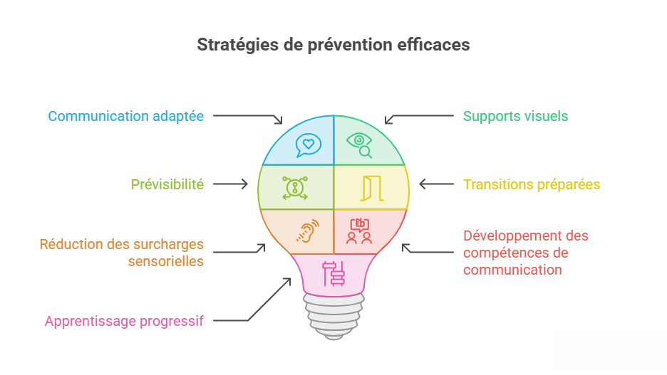 Schéma présentant les principales stratégies de prévention : communication adaptée, supports visuels, prévisibilité, transitions préparées, réduction des surcharges sensorielles, développement de la communication et apprentissage progressif
