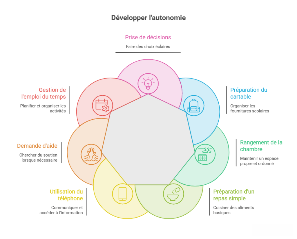 Schéma illustrant le développement de l'autonomie chez les personnes autistes : prise de décisions, gestion du temps, communication, repas, rangement et organisation