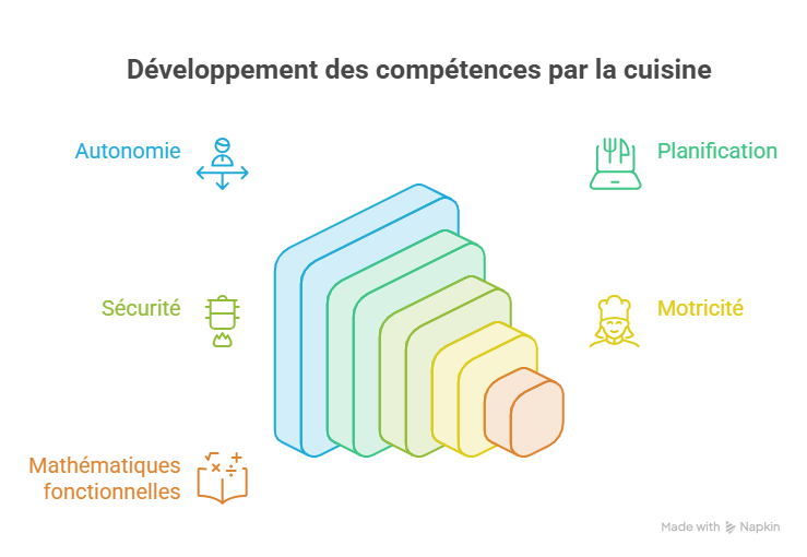 Schéma illustrant le développement des compétences par la cuisine chez les personnes avec autisme. La cuisine favorise l'autonomie, la planification, la sécurité, la motricité et les mathématiques fonctionnelles.