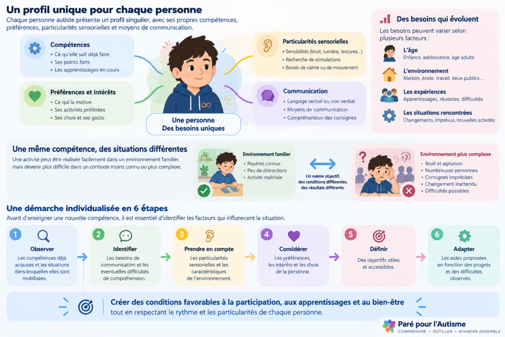 Infographie illustrant les compétences, préférences, particularités sensorielles et moyens de communication d'une personne autiste, ainsi que les six étapes d'une démarche individualisée.