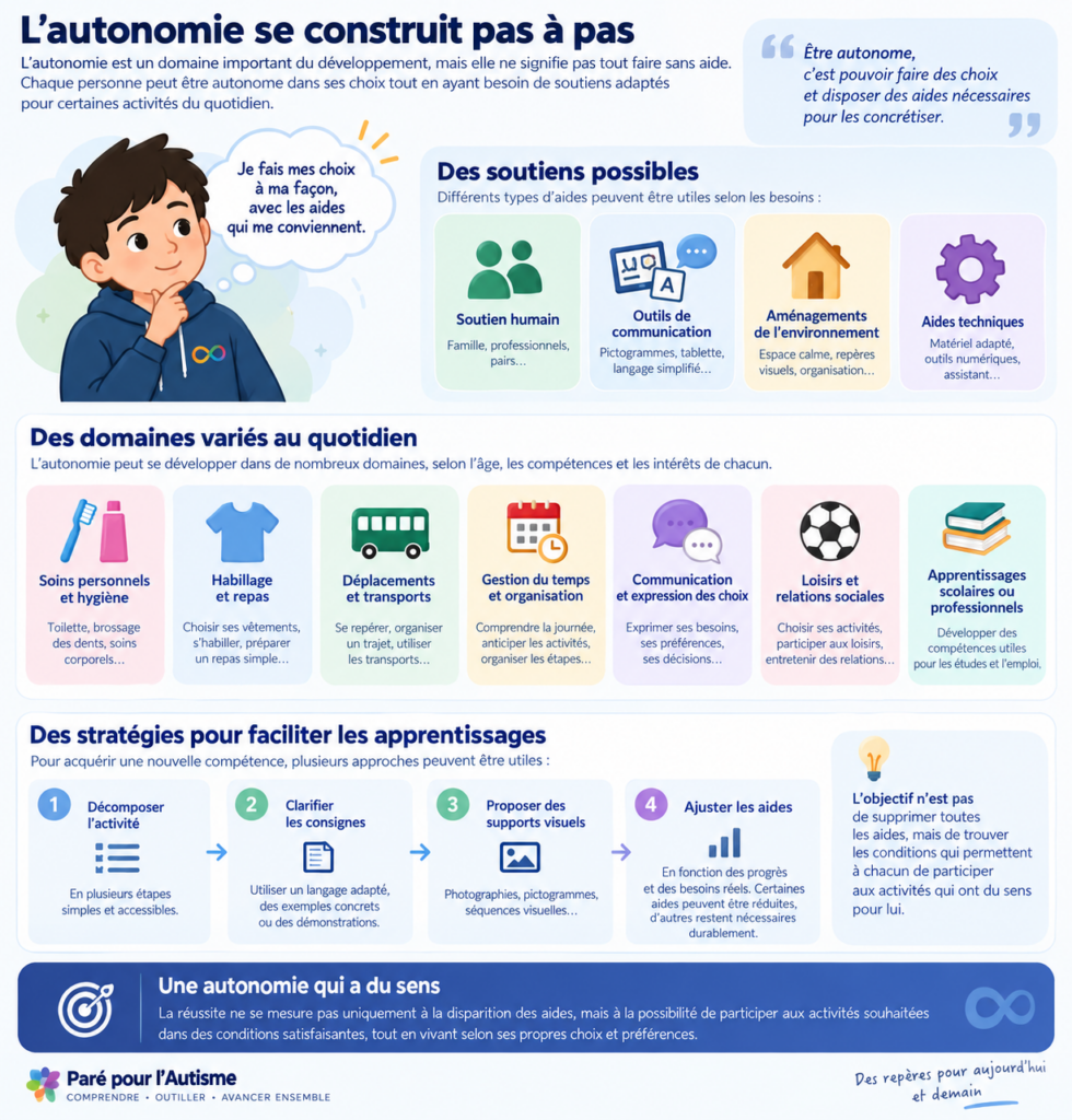 Infographie sur l'autonomie des personnes autistes présentant les domaines de la vie quotidienne, les aides possibles et les stratégies pour développer les compétences tout en respectant les choix individuels.