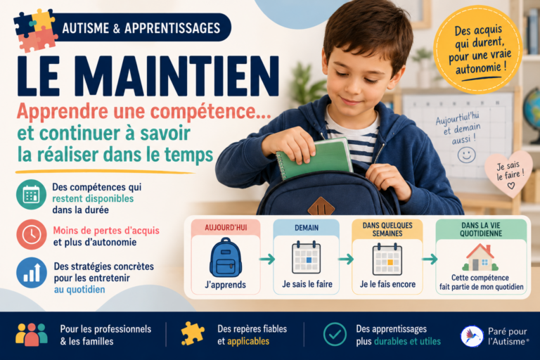 Infographie sur le maintien des apprentissages montrant un enfant rangeant un cahier dans son sac et une progression dans le temps, de l’apprentissage initial à l’utilisation durable de la compétence dans la vie quotidienne.
