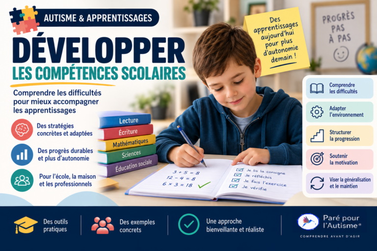 Infographie sur le développement des compétences scolaires montrant un enfant réalisant des exercices, avec des repères pour comprendre les difficultés, adapter l’environnement, structurer la progression, soutenir la motivation et favoriser la généralisation et le maintien des apprentissages.